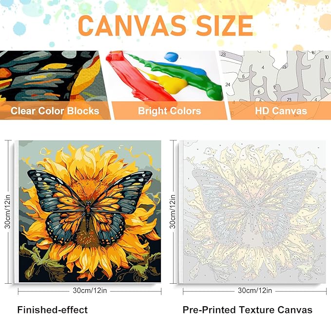 Framed Paint by Numbers Kit for Adults Beginners & Kids Ages 8-12, Butterfly Sunflower Acrylic Easy Paint by Number with Frame, Number Painting Kits on Canvas Framed (12 * 12 Inch, without Easel)