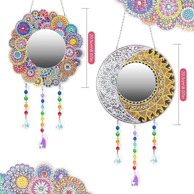 2Pcs DIY Diamond Painting Mirror, Moon Mandala Makeup Mirror, Special Shaped Crystal Suncatcher for Beginner Arts Crafts Gifts Home Decor (10x10 Inch)