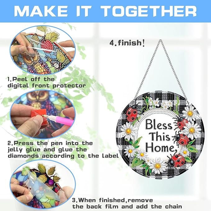 VAIIEYO Bless Diamond Art Hanging Ornament, Home Diamond Painting Suncatchers Window Hanging Kit with Chain, 7.5x7.5 inch Crystal Pendant Art Craft for Gift Home Wall Front Door Decoration