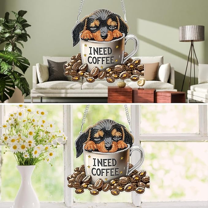 MXJSUA Dachshund Puppy Special Shaped Hanging Diamond Painting Art Kits for Adults, Crystal Rhinestone Acrylic Gem Art Pendant Ornaments Kit for Home Decoration and Gift