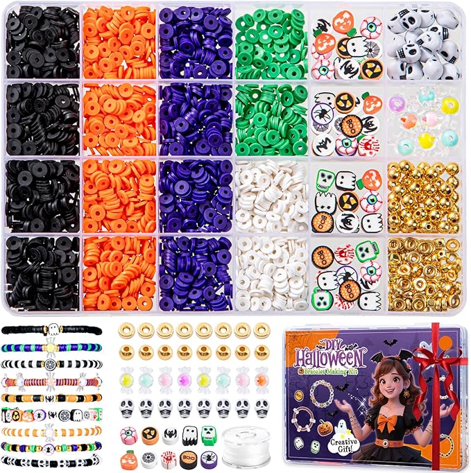 Taybonds Halloween Clay Beads Friendship Bracelet Making Kit for Party, Jewelry Making Kit with Polymer Clay Charms and Skull for Bracelets, Gifts