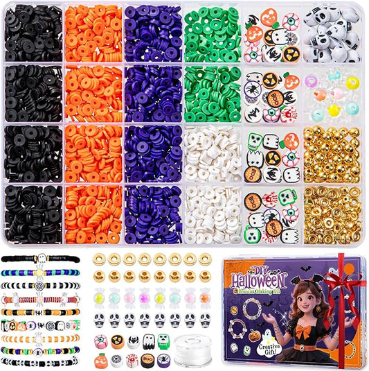 Taybonds Halloween Clay Beads Friendship Bracelet Making Kit for Party, Jewelry Making Kit with Polymer Clay Charms and Skull for Bracelets, Gifts