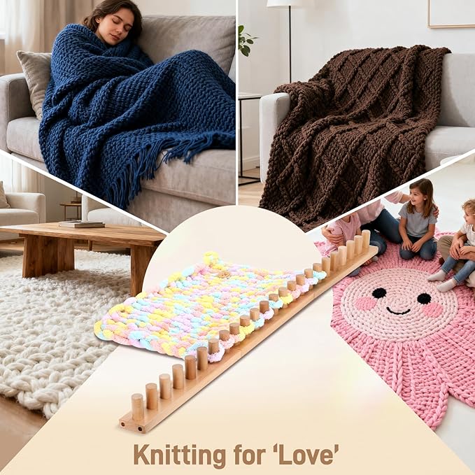 Sienson 48" Chunky Knitting Loom for Blanket Making – Adjustable Wood Frame, Portable DIY Hand Knitting Kit for Beginners, Reusable Blanket Loom for Bulky Yarn Crafts & Gifts