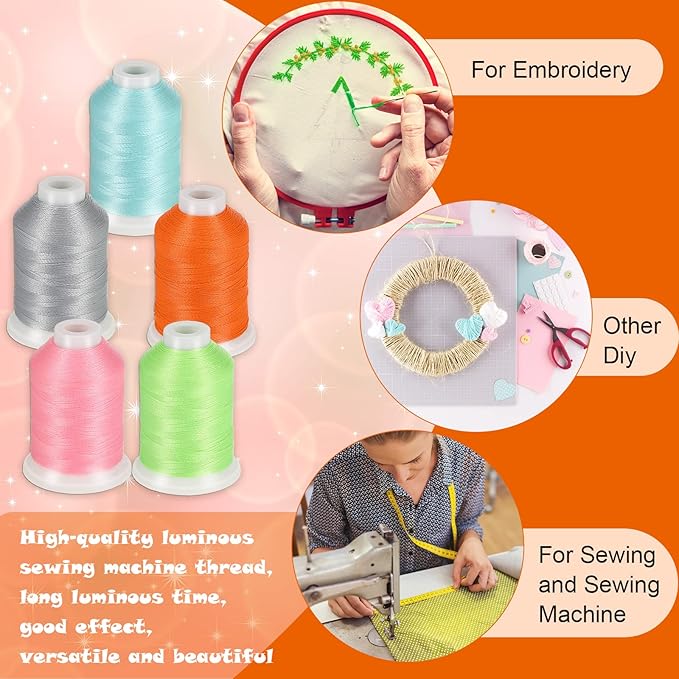 12 Colors Glow in The Dark Embroidery Thread Colorful Luminary Polyester Machine Accessories 550 Yard Sewing Thread for Embroidery Quilting Sewing Decorations