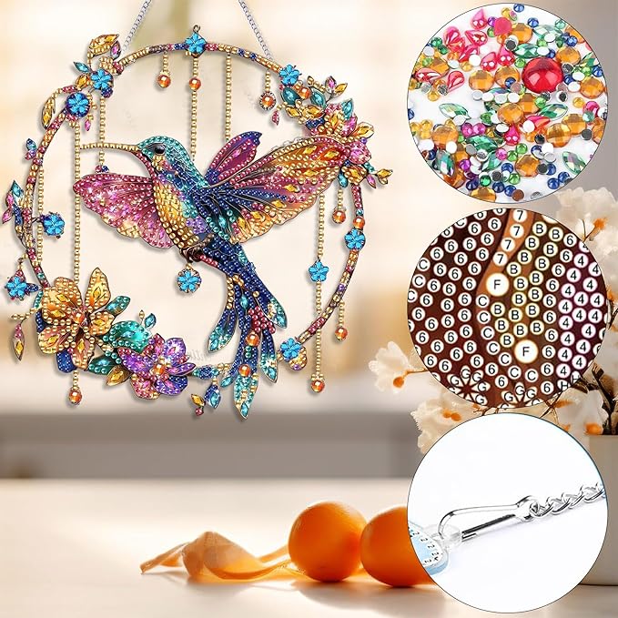 Bimkole Bird Diamond Art Hanging Kit for Adult, DIY 5D Flowers Diamond Painting Window Pendant, Acrylic Crystal Art Hanging Ornament for Wall Home Garden Front Door Decor - 7.8x7.8 Inch
