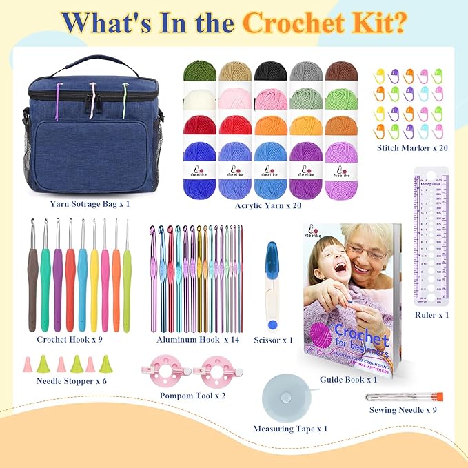 aeelike complete beginner kit 87pcs, crochet kit for beginners adults, navy portable yarn bag, 23 crochet hooks,yarn 20 colors skeins, instruction & crocheting accessories