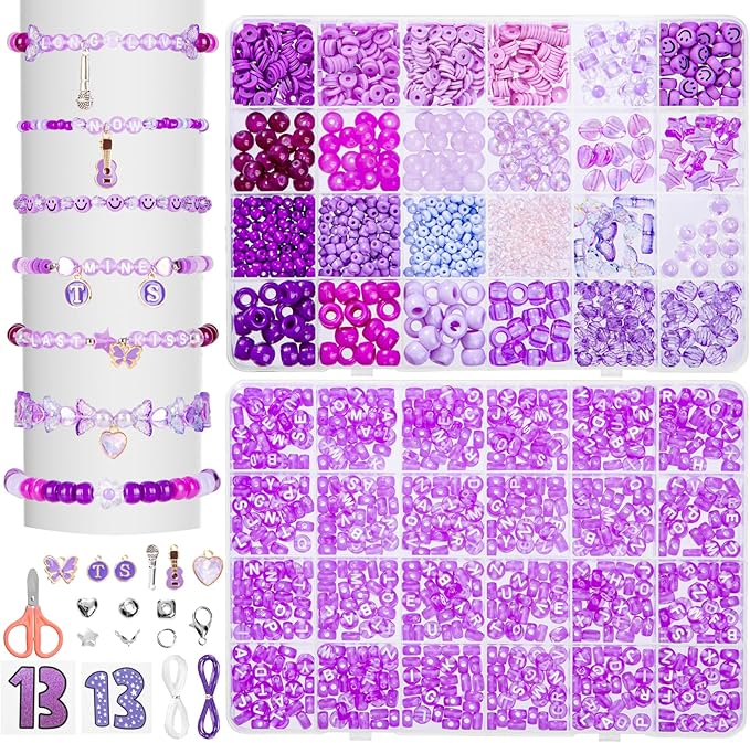 Goldwise Purple Era Inspired Bracelet Making Set for Fans, 2-Box Jewelry Craft Supplies with Glass, Clay & Seed Beads, Letter Beads and Symbolic Charms for Personalized Accessories