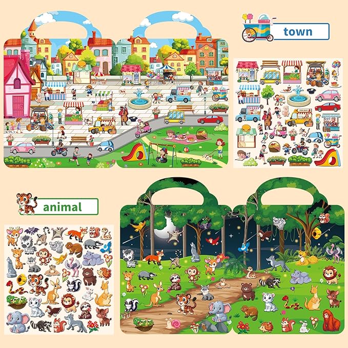 kalysky 6 set reusable sticker books for toddlers 1-3 2-4, kids 3d puffy stickers (dinosaurs, forest, town, pets, construction, insects), sticker activity books