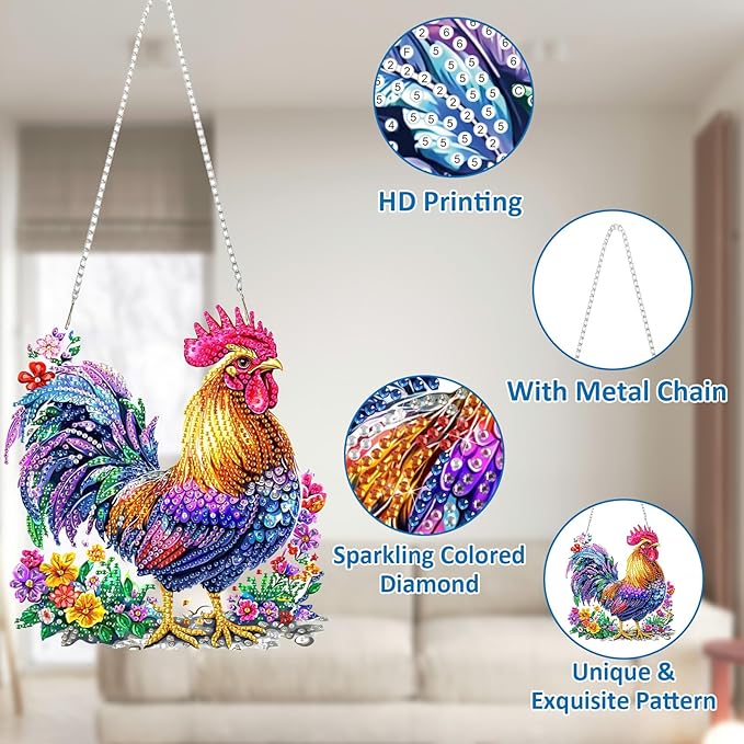 SENQAO Chicken Diamond Art Hanging Kit for Adult, Special Shaped Rhinestone, DIY Acrylic 5D Diamond Art Painting Window Pendants Home Garden Wall Hanging Kits Hanging Ornament