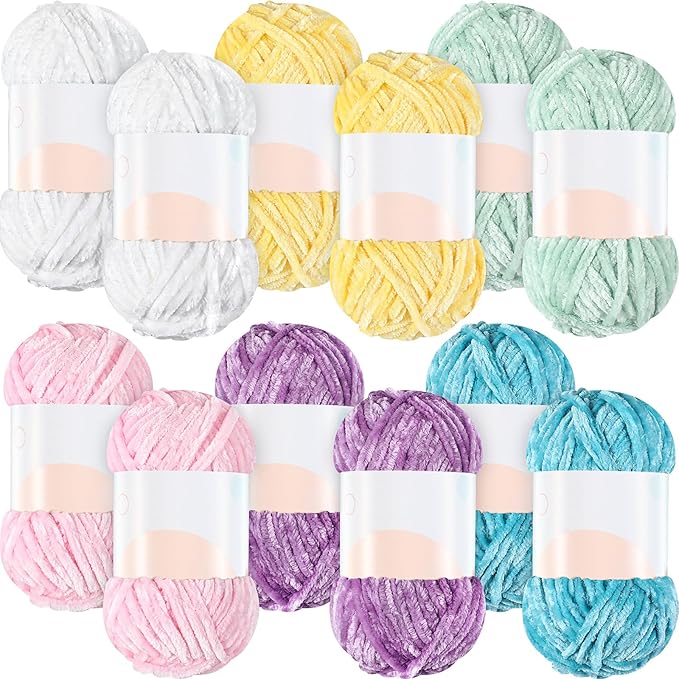 Xinnun 12 Skeins 1116 Yards Chenille Velvet Soft Thick Plush Yarn Bulk for Crocheting Knitting Blanket DIY Weaving Craft, 6mm, 3.5 Oz/Skein(Cute Color)