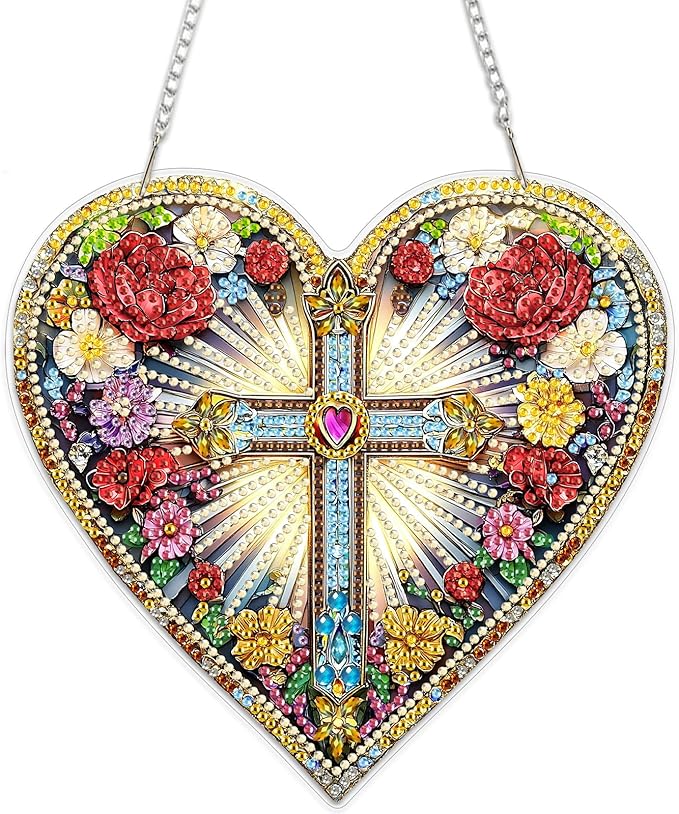 MEIYUDA Cross Diamond Painting Pendant Kits, DIY Heart Cross Special Shaped Diamond Art Hanging Kits for Adults, 5D Crystal Diamonds Painting Acrylic Pendant Ornamen for Home Decoration