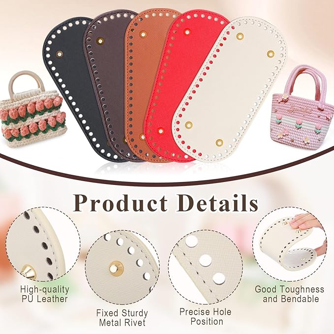 SilTriangle 5 Pcs Purse Bottoms for Crochet Bags with 2 Pcs Hook, Crochet Purse Kit Basket Base Leather Bag Bottoms for DIY Bags Making Supplies Kit Knitting (Fresh Color)