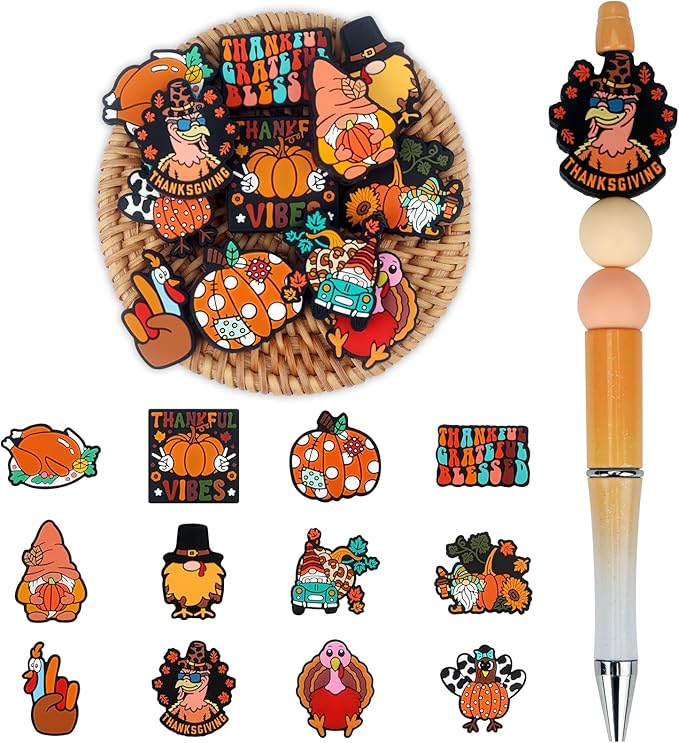 12pcs Thanksgiving Day Silicone Focal Beads for Pens Making Beads for Keychain Shape for Bracelet Necklace Crafts （Thanksgiving Day）