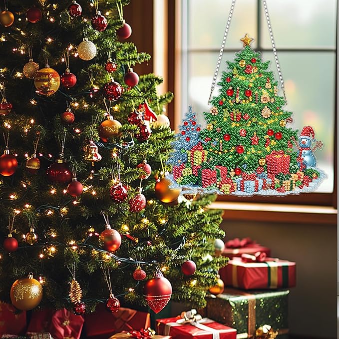 SENQAO Christmas Diamond Art Hanging Kits for Adults Kids, Christmas Tree Diamond Art Suncatchers, 5D Special Shape Diamond Painting Pendant Window Ornament Gifts for Home Door Wall Decor