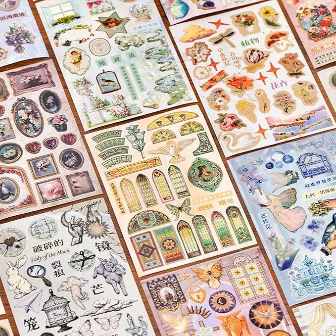 Vintage Sticker Books - 60 Sheets European Aesthetic Die-Cut Stickers with Matte & Tactile Finishes for Junk Journaling, Scrapbooking & Planner Decoration