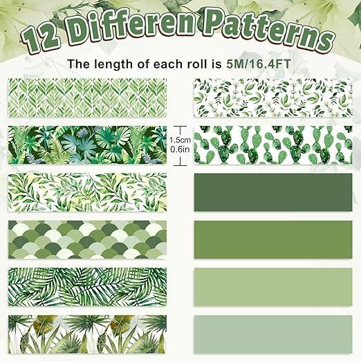 Whaline 12 Rolls Greenery Washi Tape Green Leaves Washi Tape Assorted Plants Theme Masking Decorative Tape for Scrapbook Journal DIY Art Craft Gift Wrapping Supplies