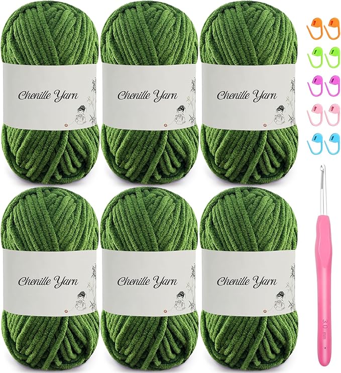 SIMEIQI 6 Pack of 1.76oz Chenille Yarn for Crocheting,60yards Soft Fluffy Velvet Yarn, Ideal Crochet for DIY Baby Blankets Toys Scarves Throw Pillows Hats Cushions(Pine Green)