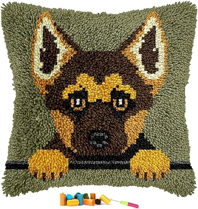 EMISTEM Latch Hook Kits for Adults - Latch Hook Pillow Kits, Crochet Yarn Kit for Beginners, Cross-Stitch Embroidery Cushion Cover Case with Printed Canvas. (Cute Puppy,17x17 inch)