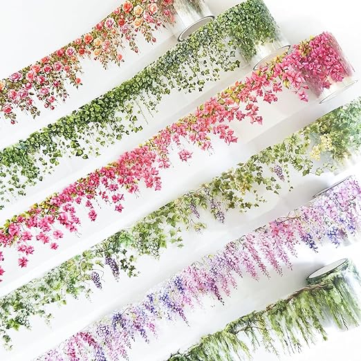 PET Tape Stickers for Journaling 6 Rolls Pre-Cut Flower Washi Tape Stickers Decorative Tape for Crafts Scrapbooking Junk Journal Supplies, Flower Vine