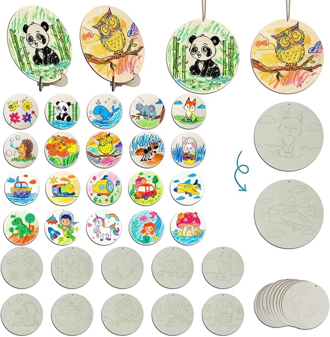 10PCS Wooden Crafts to Paint with Double-Sided Designs Kids Wooden Craft kit Hang or Display with Stand Unfinished Wood Crafts to Paint for boy and Girl Ages 4-8
