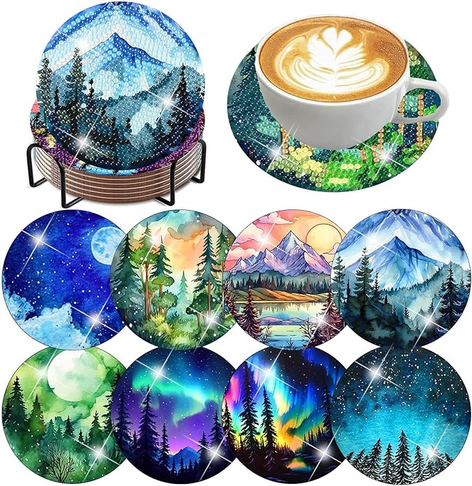 igoodom 8 Pcs Diamond Art Coasters Kit with Holder, DIY Landscape Diamond Painting Coasters for Beginners Adults, Non Slip Diamond Art Kits Craft Supplies 4x4inch