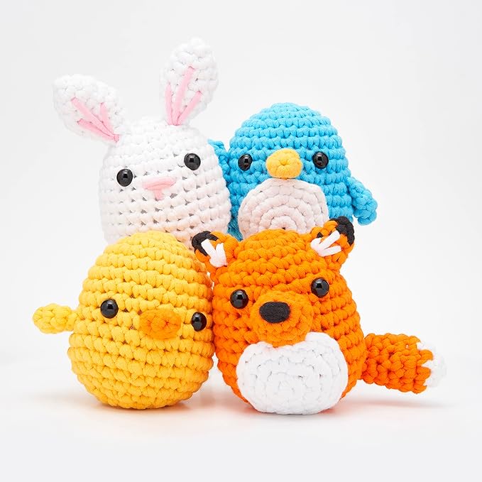 the woobles crochet kit for beginners - easy arts and crafts knitting & crochet animals kit all in one bundle as seen on shark tank - (penguin,chick,fox & bunny) with easy peasy yarn