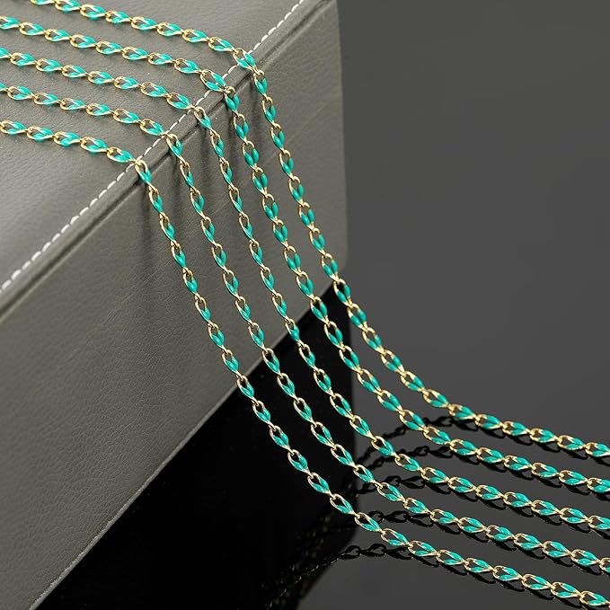 YOUBEIYEE 6.6 Feet Gold Plated Brass Chain on Spool Green Enamel Cable Chain Necklace DIY Jewelry Chains Bulk with Jump Rings and Lobster Clasps