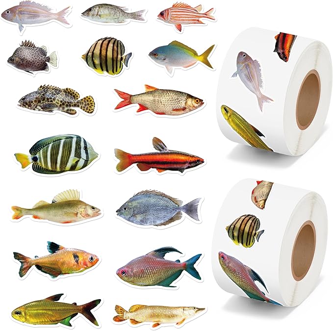 h1vojoxo realistic fishing sticker rolls - 1000pcs fishes stickers for kids 16 designs waterproof fishes stickers for water bottles laptop scrapbook crafts envelopes gifts cute sticker for fish lover