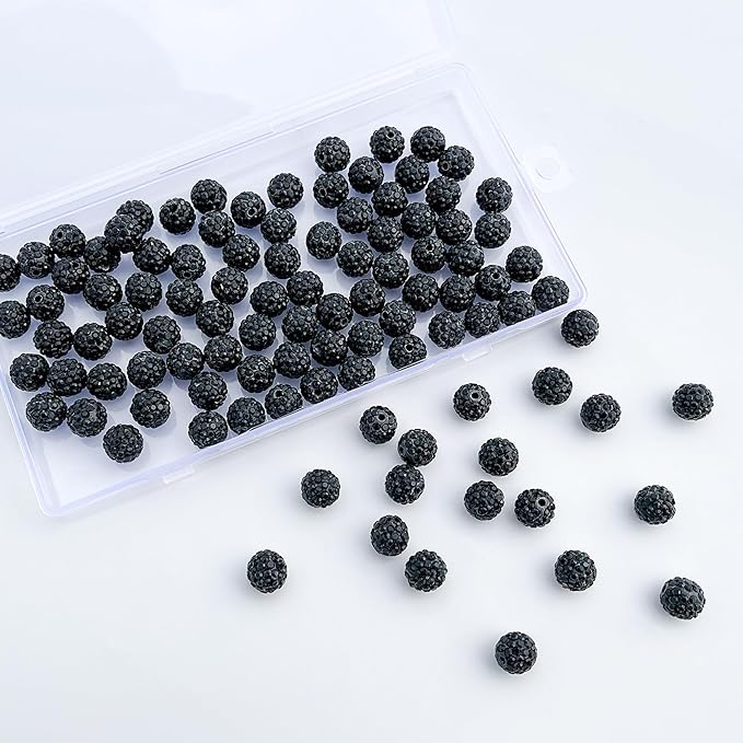 100 pcs 10mm Rhinestone Beads for Jewelry Making, Black Shiny Round Disco Ball Beads, Bulk Polymer Clay Rhinestone Bead Crystal Diamond Bead for Bracelet Necklace Earring Crafting