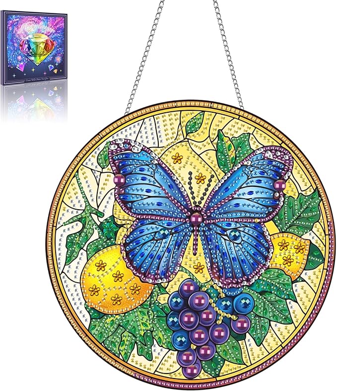 Wergund 5D DIY Butterfly Diamond Art Hanging Kits, Hanging Diamond Art Lemon Grape, Acrylic Special Shaped Rhinestone, Window Hanging Pendants for Home Wall Garden Front Door Outdoor Decor Gift