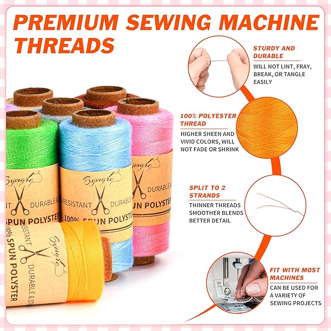 bymore 30 pcs sewing thread kit, 12 colors 400 yards per polyester thread spools with needles and threaders for hand & machine sewing, emergency and travel, diy and home