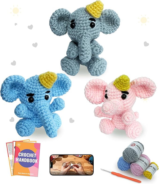 PAITIN Crochet Kit for Beginners – DIY Elephant Crochet Craft Project, Easy Handmade Yarn Art Kit for Adults with Step-by-Step Video Tutorial