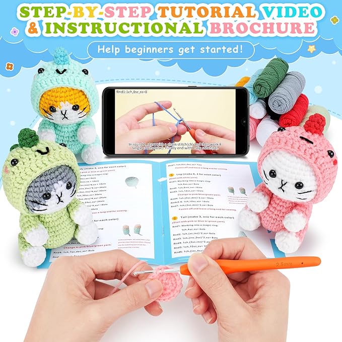Crochet Kit for Beginners - 3 PCS Dinosaur Cat Crochet Kits with Step-by-Step Video Tutorials, Beginner Crochet Kit for Adults, Crochet Animal Kit for Starters, Cat Dressed as Dinosaur Crochet Set
