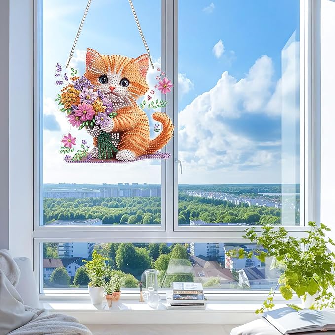 KEYIFA Cat Diamond Painting Kit, DIY Bouquet Diamond Art for Adults, Diamonds Pendant Special Shaped Rhinestone Window Hanging Ornaments Home Garden Wall Door Decoration, 20cm Width
