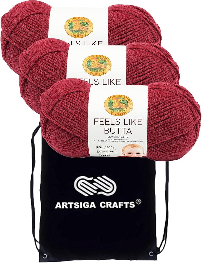 Lion Brand Feels Like Butta Cranberry 215-138 (3-Skeins - Same Dye Lot) Worsted Medium #4 Polyester Yarn for Crocheting and Knitting with Project Bag
