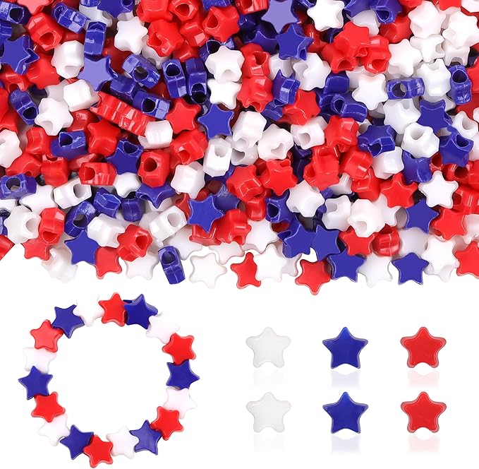 Red White Blue Star Pony Beads for Bracelet 1000 Pcs Independence Day for Jewelry Making Plastic Beads for Friendship Bracelets 6x9mm Beads for Hair Braiding(Red White Blue Stars)