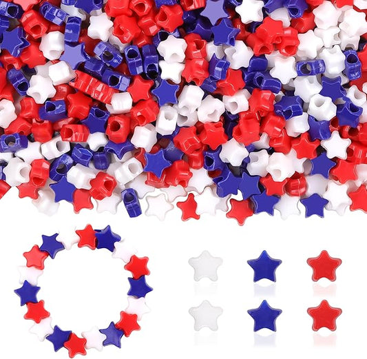 Red White Blue Star Pony Beads for Bracelet 1000 Pcs Independence Day for Jewelry Making Plastic Beads for Friendship Bracelets 6x9mm Beads for Hair Braiding(Red White Blue Stars)