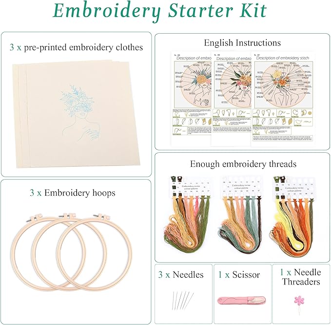 harimau 3 in beginner embroidery kit,floral plant pattern,cross stitch kits, including stamped embroidery cloth with 3 embroidery hoops, color threads and embroidery kits