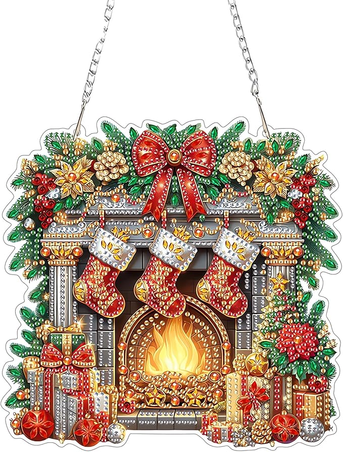 EIBEILI Diamond Art Painting Kits Special Shaped Rhinestone 5D Diamond Art Window Pendants Home Garden Wall Hanging Kits Hanging Ornament，Double Sided（Christmas Fireplace ）