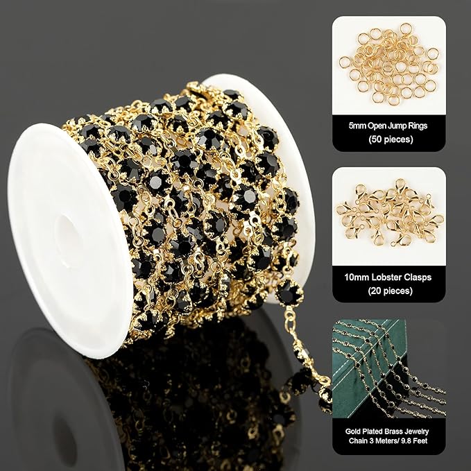 UMAOKANG 3 Meters Black Crystal Chain for Jewelry Making 18K Gold Plated Brass Chains Bulk Women Necklace Bracelet DIY Jewelry Supplies
