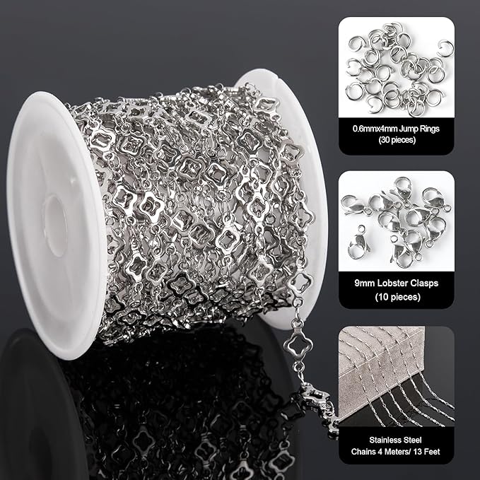 YOUBEIYEE 4 Meters Stainless Steel Chain for Jewelry Making Four Leaf Clover Good Luck Jewelry Making Chain Roll with Lobster Clasp Jump Rings
