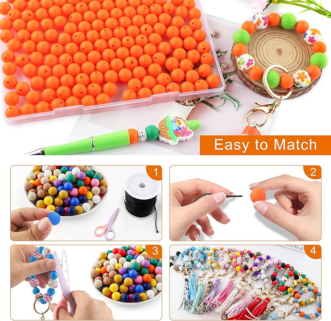 160Pcs 12mm Silicone Beads for Keychain Making Bracelet Necklace, Bulk Round Silicone Beads for Pens(Orange)