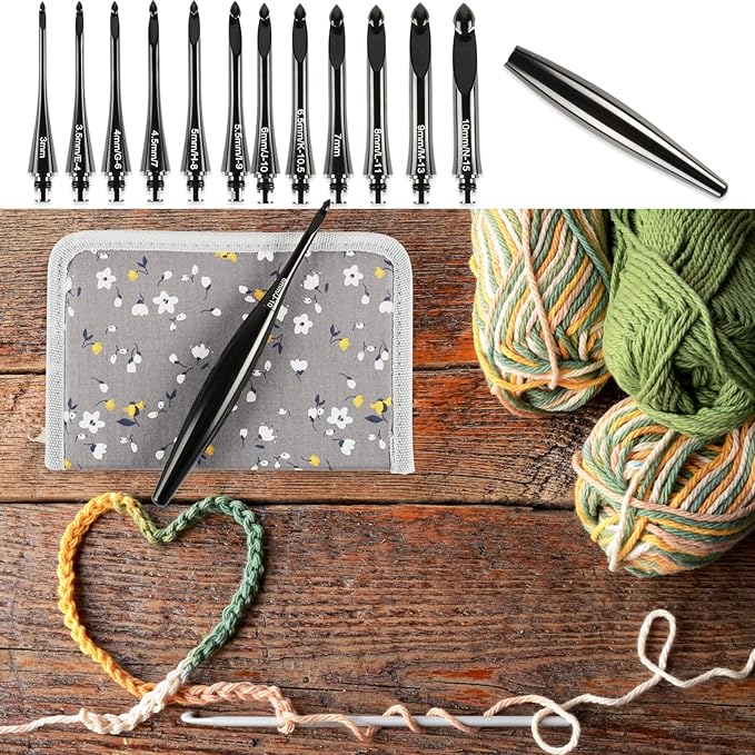 Svartur Interchangeable Crochet Hook Set with 12 Hooks – Ergonomic Crochet Hooks Large Handle, US Sizes E-4 to N-15 (3mm–10mm), Smooth & Lightweight, Crochet Kit with Storage Case, Black