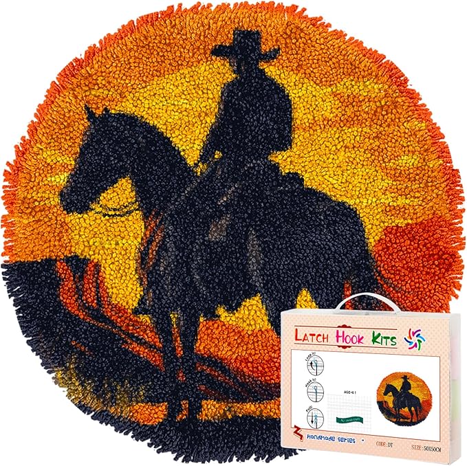 Latch Hook Rug Kit Western Cowboy on Horse Stamped Handmade Round Shape Carpet Crochet Yarn Craft DIY Hook and Latch Door Mat Tapestry for Christmas Home Floor Decor 50x50cm(1)