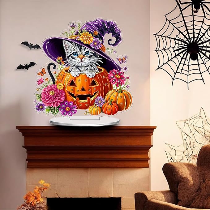 Diamond Art Hanging Kits for Adult, Diamond Art Halloween Crafts Decor, 5D DIY Acrylic Diamond Art Painting Ornaments, Window Pendants Wall Hanging Kits for Home Garden (Cat)