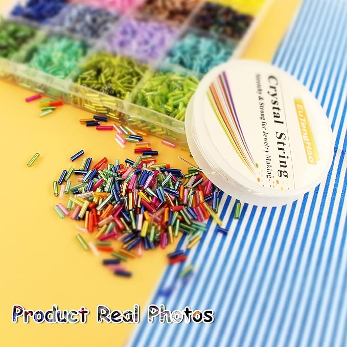 9600Pcs 7mm Tube Beads Kit Glass Bugle Seed Beads Small Craft Bead with Two Crystal String for Jewelry Making DIY Crafting Bracelet Necklaces Embroidery, Home Decoration (24 Colors)