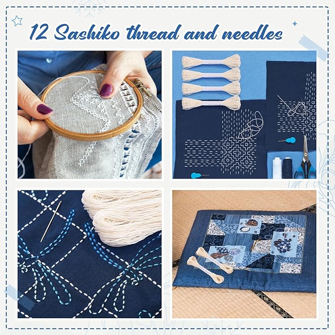 Zeyune 12 Skeins White Sashiko Thread Kit 100% Cotton with Sashiko Needles 20m(21.8yds) Thread for Hand Quilting and Embroidery Projects Pick Stitching Denim