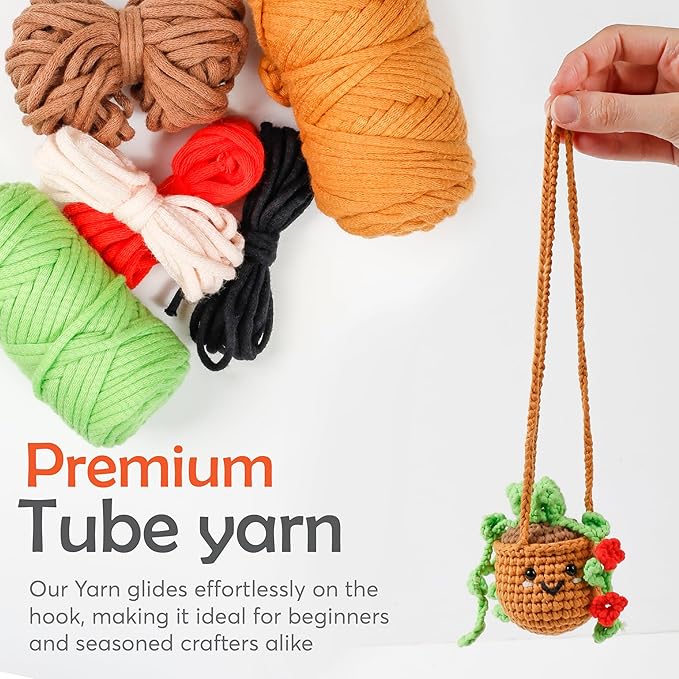 A-URA Learn to Crochet Kit for Beginners Kids and Adults, Premium Pattern Hanging Pot Plant Beginner Crochet Kits with Easy Tube Yarn & Step-by-Step Video Tutorials