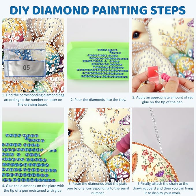 MEIYUDA Easter Bunny Diamond Art Hanging Kits for Adult, Easter Eggs Diamond Painting Hanging Kits Ornaments, DIY Special Shaped Rhinestone Window Pendant for Home Garden Wall Decor Gift