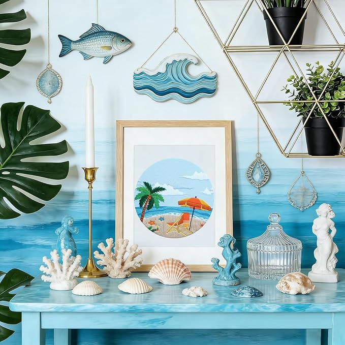 ElasignShopo Ocean Embroidery Kit for Beginners Adults, Easy Cross Stitch Kit Spring Summer Beach Ocean Pattern Embroidery Starter Kits with Wooden Hoop Needles Threads Display Stand and Instruction